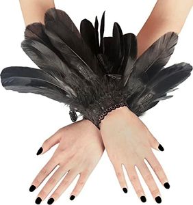 UQJE Women's Feather Lace Long Gloves Witch Spider Web Wrist for Halloween Pack of 2-Black Tassels