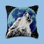 Latch Hook Kits, DIY Crochet Cushion Cover with Printed Canvas, Needlework Hook Yarn Set for Square Throw Pillow Cover, Crochet Yarn Kits for Beginners - Wolf & Full Moon (16.3"x16.3")