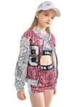 LOLANTA Girls Sequin Dance Costume, Sparkle Hip Hop Jazz Dance Dresses, Modern Dancing Outfits 4-16, Pink, 8-10