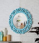 THE URBAN STORE Decorative & Hand Crafted Wooden Wall Round Mirror In Distressed Blue Finish (40 X 40 Cm)