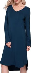 GYS Womens Bamboo Viscose Long Sleeve Nightgown Soft Comfy V Neck Long Night Shirts Sleepwear, Ink Blue, X-Large