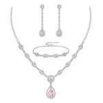 Ever Faith Bridal Jewelry Set Stunning Teardrop Cubic Zirconia October Birthstone Necklace Bracelet Earrings Set for Woman Pink Silver-Tone