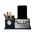 Giftana Personalized Pen Stand with Name,Table Watch,Table Calendar,Customized Desk Organizer With Wooden, Pen Stand for Doctors,Office Desk & Study, Diwali Corporate Gift for Employee (Black)