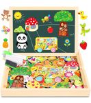 Jojoin 130 PCS Wooden Magnetic Puzzle - 2024 New Magnetic Puzzle Board - Cute Animal Fruit Pattern Games Double Sided Jigsaw - Montessori Educational Toys Gift for 3 4 5 Year Old Boys Girls