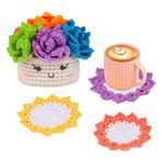 PATPAT® DIY Crochet Material Kit 6 Colors Coasters DIY Crochet Floral Coasters and Smile Crochet Cup Material Kit DIY Handmade Crochet Coasters Gift Crochet Starter Kit