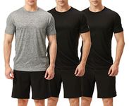 TEX2FIT Men's 3 Pack Active Sport Quick Dry T-Shirts (3 pcs Set) (PRO Series - Black/Black/Light Grey Melange, XL)
