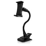 Tablet/Smartphone Clip Holder, Tablet/iPad & Smartphone Desktop Mount with Heavy Duty Clip, Adjustable Gooseneck and 360 Degree Rotation