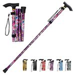 LZZAZ® Folding Walking Sticks for Women, Adjustable Height Folding Walking Sticks for Men, Aluminum Walking Stick & Disability Aids, (Purple Flowers)