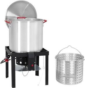 Garvee Crawfish Boiler with Steam/Boil Basket & Strainer, 110000BTU Propane Jet Burner with Support Rack & Lifting Hook, 0-10 PSI Regulator, Outdoor 80 Qt Seafood Boil Pot for Cooking Shrimp and Crab