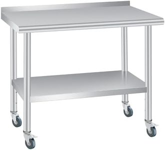 Stainless Steel Prep Table, 48 x 24 in, with Backsplash, Adjustable Undershelf and 4 Caster Wheels, Commercial Heavy Duty Table with Adjustable Under Shelf for Outdoor Use,Restaurants,Hotels,Works