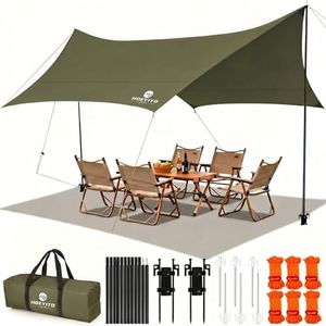 Camping Tarp with Poles & Retainer, 14.5x11FT PU9000mm Waterproof 210D Oxford Cloth Camping Awning, UV Blocking Rate 99.99% Camping Canopy Tent Tarp for Outdoor, Hammock, Car, Picnic (Army Green)