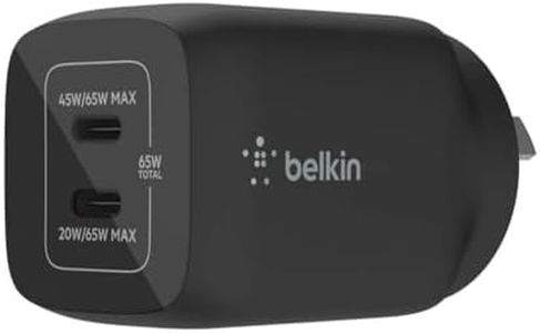 Belkin 65W Dual USB Type C Wall Charger, Fast Charging Power Delivery 3.0 with GaN Technology for iPhone 15 14 13 Pro, Pro Max, Mini, iPad Pro 12.9,MacBook, Galaxy S24, Plus, Ultra & More - Black