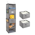 BrilliantJo Hanging Wardrobe Organiser 6 Shelves with 2 Removable Drawers Closet Storage, hanging Shelves Unit with 4 Pockets for Clothes - Grey(12x 12 x 43.3 inch)