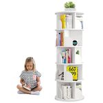 bimiti 5 Tier Rotating Bookshelf Floor Standing Revolving Bookcase with Baffle Solid Storage Rack Corner Shelves Spinning Multi-Functional Display Organizer for Home Office White