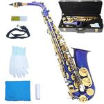 Brass Saxophone E Flat Alto Sax Full Kit for Music Beginners and Professionals with Carving, Mouthpiece, Carrying Case, Gloves, Cleaning Cloth & Rod, Detachable Strap, Reed, Lacquered (Blue)