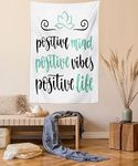 Lunarable Saying Tapestry Twin Size, Modern Calligraphy Positive Mind Vibes and Life Phrase Yoga Lotus, Wall Hanging Bedspread Bed Cover Wall Decor, 68" X 88", Mint Green