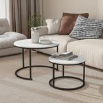 BOFENG Industrial Round Coffee Table Stacking Side Table Set of 2 End Tables for Living Room,Bedroom,Balcony,White Faux Marble Wooden Table with Metal Frame,Sturdy and Stable,Easy Assembly