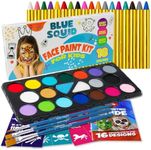 Blue Squid Face Paint Kit & Body Crayon Sticks Bundle - 18-color Face Painting Kit for Kids & 18 XL Crayons & Markers for Skin with 18x Stencils, Brushes, and Design Book, Ideal for Toddlers & Parties