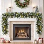 SHareconn 9FT(2.7M) Pre-Lit Artificial Christmas Garland, with Red Berries and Pine Cones, with Warm White & Multi-Color Lights with Timer Function, for Christmas Stairs and Christmas Fireplace, Snow