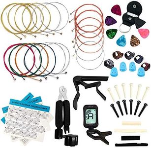 LOMEVE Guitar Accessories Kit Include Acoustic Strings, Tuner, Capo, 3-in-1 Restring Tool, Picks, Pick Holder, Bridge Pins, Nuts & Saddles, Finger Protector, Chord Chart (58PCS)