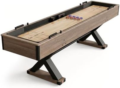 Hathaway Excalibur 9-Ft Shuffleboard Table for Great for Family Recreation Game Rooms, Designed with a Rustic Driftwood Finish with Built-In Leg Levelers, Includes 8 Pucks, Table Brush and Wax