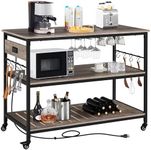 Yaheetech Kitchen Cart with Power Outlet, Rolling Kitchen Island on Wheels with Glass Holder & Hooks, Utility Trolley Cart Coffee Bar Microwave Stand Cart with Lockable Casters, Taupe Wood