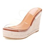 WIRALOMI Women Clear Wedge Heel Sandals Slip On Espadrilles Platform Sandals Slide Summer Beach Crystal Mules Sandals, Brown, 8 UK