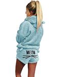 Poplover Womens Cute Fleece Pajamas Suit Hooded Sleepwear Meow Shorts Set Sky Blue Small