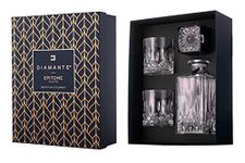 DIAMANTE Whisky Set 3 Piece “Dorchester” Collection | 1 Crystal Decanter with 2 Crystal Tumblers in a Luxury Satin Lined Gift Box