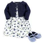 Hudson Baby Baby Girls' Cotton Dress, Cardigan and Shoe Set, Blueberries, 12-18 Months