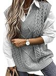 EVLAESS Womens Plus Size Grey Sweater Vest V Neck Sleeveless Sweaters for Women Cable Knit Solid Color Tops Loose Casual Soft Sweater Large