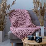 Shalenine Chunky Knit Blanket Throw Merino Wool Blend Handmade Decor Giant Yarn Large Cable Knitted Blanket,Berry Pink,50''×60''