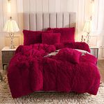 Uhamho Faux Fur Velvet Fluffy Bedding Duvet Cover Set Down Comforter Quilt Cover with Pillow Shams, Ultra Soft Warm and Durable (Burgundy, Queen)