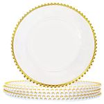 Auch 6 Pcs 12 Inch Clear Plastic Round Charger Plates Table Dinner Charger Plates Clear Round Plates with Silver Beaded Rim for Birthday Party Wedding Events Bridal Shower Dinner Decor (Golden Rim)