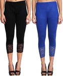 Snowball Lace Capri Leggings for Women | PlusSize Stylish Net Capri for Girls (XL, Black-Royal Blue)