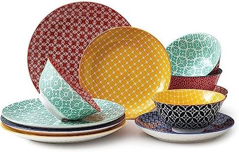DOWAN Ceramic Plates and Bowls Sets, 12-Piece Dinnerware Sets for Christmas Decor, Colorful Dish Set for 4, Porcelain Dinner Dessert Plates,and Soup Bowls Set for Thanksgiving Party