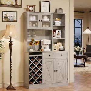 Bar Cabinet with Charging Station, Wine Rack and Acrylic Door, Gray Oak