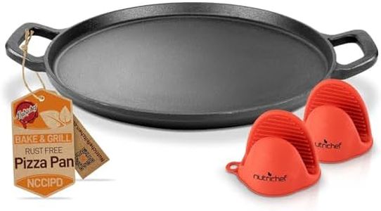 NutriChef 13-Inch Flat Cast Iron Pizza Pan - Versatile Pre-Seasoned Round Cooking Griddle w/ Built-In Handles for Oven, Grill, Stove, and Campfires - Includes 2 Heat Safe Silicone Grips