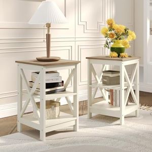 MFSTUDIO 3-Tier End Table Set of 2 Wooden Sofa Side Tables with Storage Shelves, X-Design Structure, Nightstand Bedside Table Set of 2 for Living Room, Easy Assembly (Ivory White)