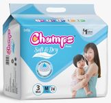 Champs Cotton Elastic Baby Diaper - Medium Size, 74 Pcs | 7-12 Kg | High Absorb Core Upto 12 Hrs Leakage Protection | Breathable, Soft and Dry | Anti-Rash and Anti-Bacterial Pants for Babies