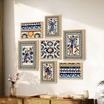 Painting Mantra Set of 7 Indian Wall Art Print Blue Birds with Flower Ritual theme Framed Vintage Poster for Home,Living room, Bathroom & Hotel Decor (Size: 9.3x12.7, 13x13 & 12.7x17.5 Inch)