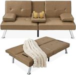 Best Choice Products Faux Leather Upholstered Modern Convertible Futon, Adjustable Folding Sofa Bed, Guest Bed w/Removable Armrests - Taupe