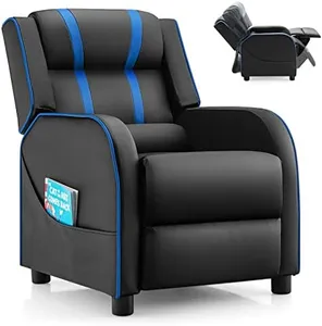 Costzon Kids Recliner, Gaming Recliner Chair w/Side Pockets, Footrest, Headrest & Lumbar Support for Kids Room & Play Room, Adjustable Racing Style Leather Sofa for Children Boys Girls (Blue, Black)