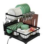 PRIME FEEL 2 Tier Dish Drainer Rack, Rustproof Dish Drying Rack for Kitchen Countertop, Draining Board Rack with Drip Tray, Cutlery Drainer, Glass Holder & Chopping Board Rack, (Black)