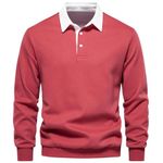 MakingDa Mens Polo Neck Sweatshirts Long Sleeve Casual Pullover Sweatshirt Solid Color Winter Warm Regular Fit Jumper Top Plain Light Red M