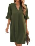 Famulily Women Beach Dresses for Summer V Neck Puff Sleeve Solid Simple Casual Slim Fit Soft Mini Tunic Work Dress Army Green M