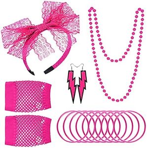 NITAIUN Anni '80 Accessori Costume Rosa Fascia in Pizzo Collana Orecchini Neon Bracciale Guanti del Fishnet Retrò Anni ' 80 Signore e Ragazze Partito Costume Set, Accessori 80s, Taglia unica (Rosa)