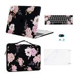 MOSISO Compatible with MacBook Pro 13 inch Case 2016-2024 Release M2 M1 A2338 A2289 A2251 A2159 A1989 A1706 A1708, Plastic Peony Hard Shell&Sleeve Bag&Keyboard Skin&Webcam Cover&Screen Protector,Black