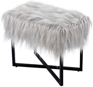 BIRDROCK HOME Rectangular Faux Fur Vanity Stool Ottoman w/Black Metal Legs - Small Fluffy Makeup Seat - Cute Foot Rest for Bedroom, Desk, or Dressing Table - Compact Chair for Girls Dorm Room - Grey