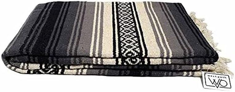 WP West Path Wool Mexican Blanket - Southwest Print Geometric Design- Handwoven Vintage Wall Tapestry/Throw from Mexico/Beach/Picnic/Thick Mexican Yoga Blanket (Black & Grey Stripes)